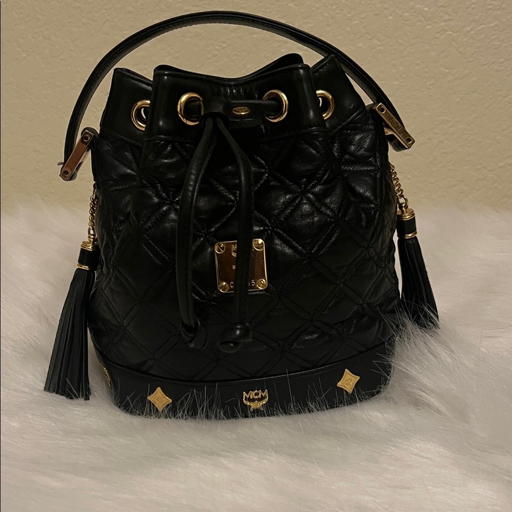 MCM Black Quilted Leather Drawstring Bucket Handbag with Tassels